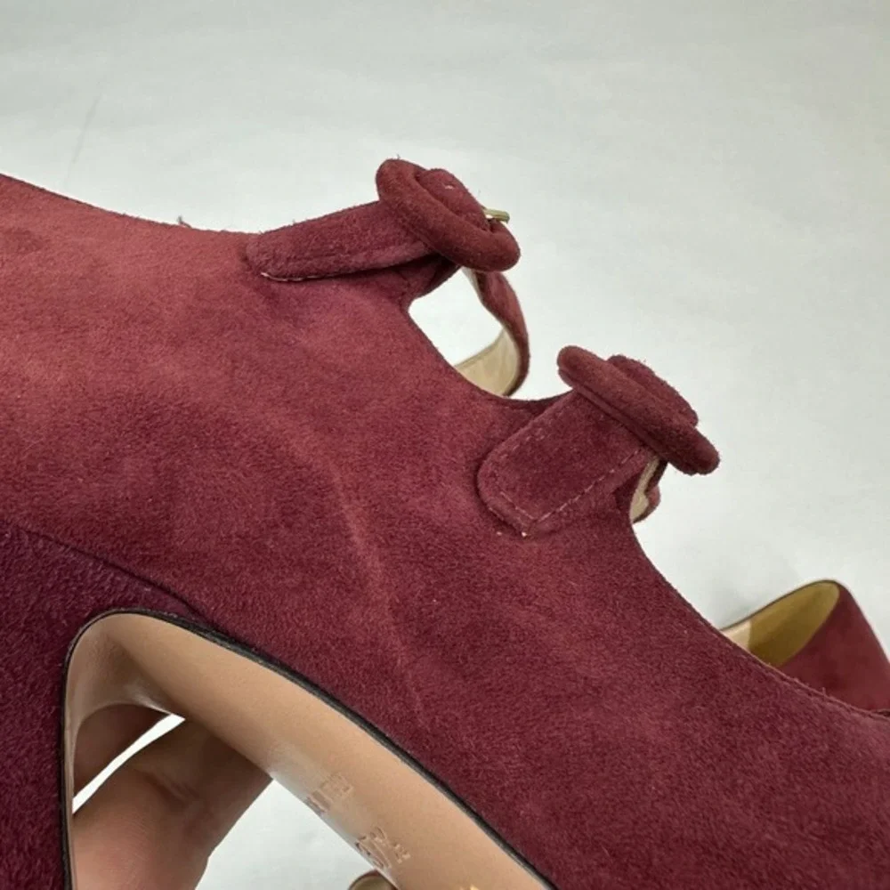 Prada Burgundy Suede Double Strap Mary Jane Peep Toe Platform‎ Heels Size 37.5